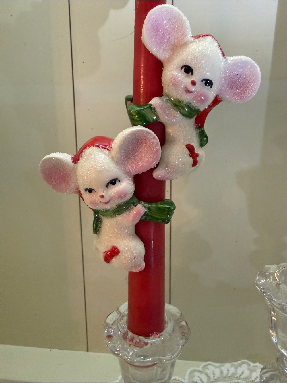 Vintage Christmas Sugar Glazed Mouse Candle Climbers /Huggers Excellent Condi